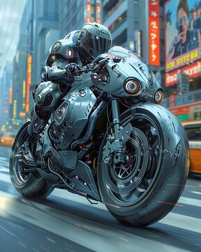 A fearless cyborg with a penchant for speed, tearing up the streets on a hightech motorcycle that bristles with weapons and shields , high resolution DSLR