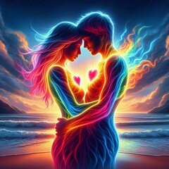 Twin flame couple. Soulmates. The concept of magical, esoteric, tantric, spiritual love. Connection between souls. Illustration for websites and much more. Created using generative ai tools.