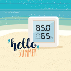 Beach background with a digital weather thermometer - 788183204