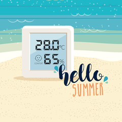 Beach background with a celsius digital weather thermometer - 788183219