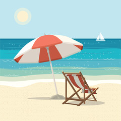 Beach landscape with a beach lounger and umbrella on the sand - 788183232