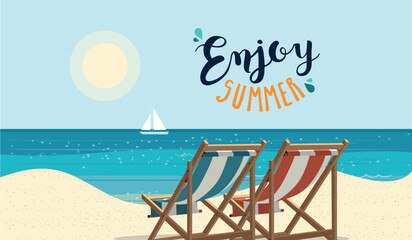 Beach background with beach loungers on the sand. Summer banner vector illustration