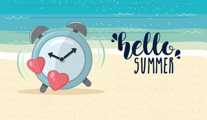 Beach banner with a clock and hello summer text - 788183244