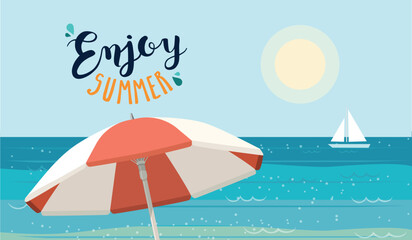 Sea background with an umbrella on a sunny day. Summer banner vector illustration - 788183255