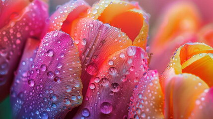 Detailed shot of vibrant tulip petals covered in dewdrops.