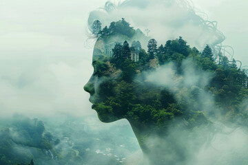 Double exposure, face of woman and forest nature for abstract, background or concept of conservation. Environment, profile and trees with person in composite ecosystem for art, creative or design - obrazy, fototapety, plakaty