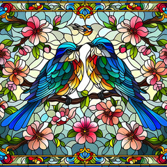 A pair of spring birds on a flowering branch in stained glass style