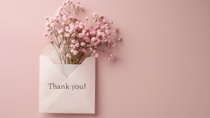 Envelope with flowers and a Thank You message on neutral background