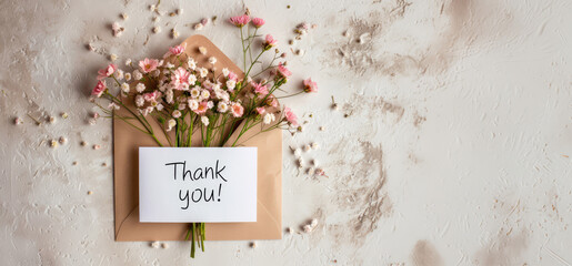 Envelope with flowers and a Thank You message on neutral background