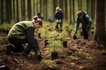 Volunteers and environmental activists plant new young trees in the forest. Concept: caring for the environment