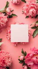 Obraz premium Blank square card surrounded by pastel colored flowers on a light pink background