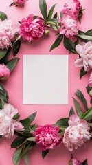 Blank square card surrounded by pastel colored flowers on a light pink background