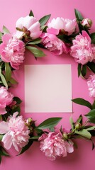 Naklejka na ściany i meble Blank square card surrounded by pastel colored flowers on a light pink background