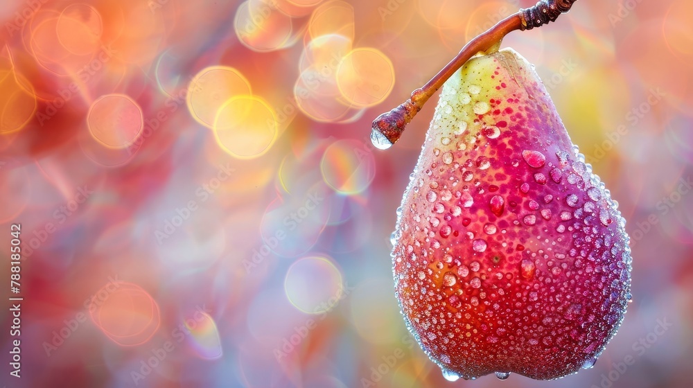 Aufkleber macro close up of ripe pear with dew drops on tree, ideal banner with space for text