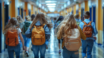 Rear view of pupils rushing down school corridor. - obrazy, fototapety, plakaty