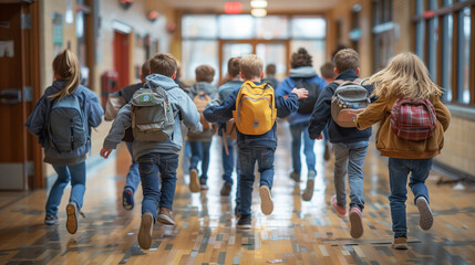 Rear view of pupils rushing down school corridor.