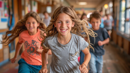 pupils running through school corridor. - obrazy, fototapety, plakaty
