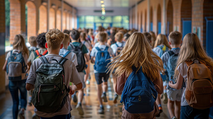 Rear view of pupils rushing down school corridor. - obrazy, fototapety, plakaty