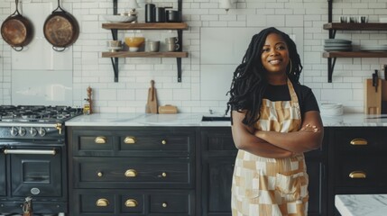 Confident African American woman standing with crossed arms in kitchen wearing apron - obrazy, fototapety, plakaty