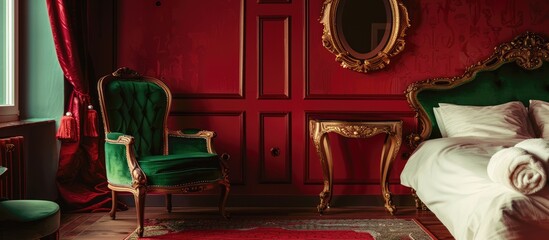 Gold table is situated amidst a green armchair and a bed in an elegant red bedroom adorned with a mirror. - obrazy, fototapety, plakaty