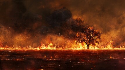 Fiery landscape with a single tree engulfed in flames, evoking a powerful message of climate crisis and the urgency of environmental protection