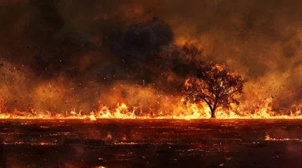 Foto auf Alu-Dibond Fiery landscape with a single tree engulfed in flames, evoking a powerful message of climate crisis and the urgency of environmental protection © Picza Booth
