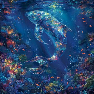 A magical creature with iridescent scales glides effortlessly through the deep blue depths of the ocean, surrounded by a rainbow of sea life , stock photographic style