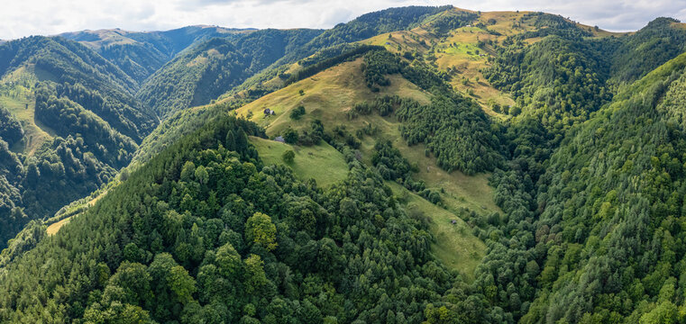 Aerial drone view above the wooded hills of Cindrel Mountains. Numerous valleys are crossing the forested mountainsides. Beech woodlands grow on them. Carpathia, Romania.