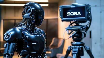 Humanoid robot filmmaker demonstrating Sora technology. A closeup shot of a robot holding a camera in front of the camera.