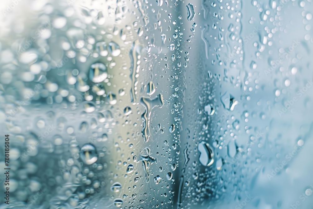 Poster raindrops on a windowpane creating a fresh and soothing texture.