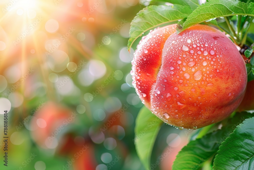 Poster macro close up of juicy peach with dew drops on tree, perfect for wide banner with copy space