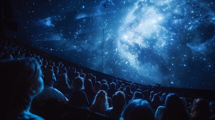 People watching galaxy in a planetarium with cosmic projections