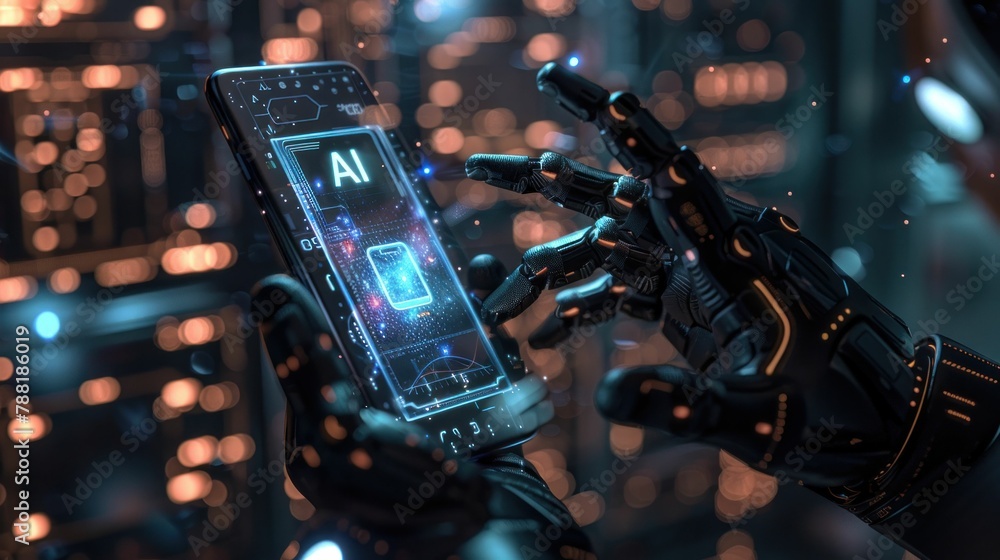 Poster hightech robotic hand holding smartphone with ai logo in front of digital computer screen