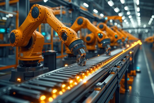 Factory floor with robotic arms assembling products with high innovation of  autonation manufacturing production