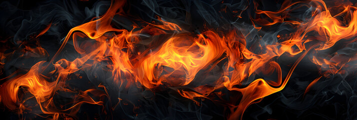 Flames are burning in the dark and a black background , Glowing Embers: Flames Against the Black Background