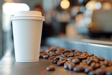 A disposable coffee cup stands out against a blurred cafe background with scattered coffee beans.
