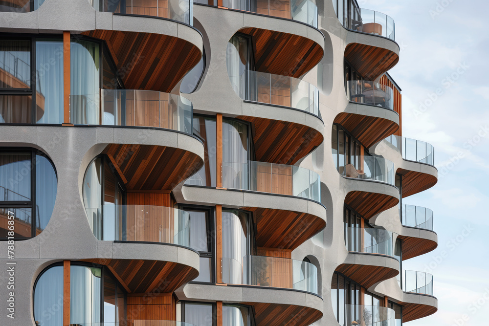 Poster facade of a modern residential building with balconies. background image. created with generative ai