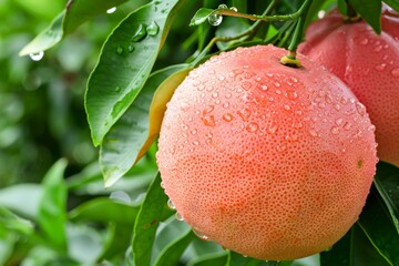 Macro close up of juicy pomelo fruit on tree with water droplets, ideal for banner with text space