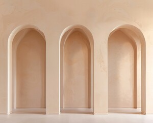 Three rounded arch openings in a beige wall