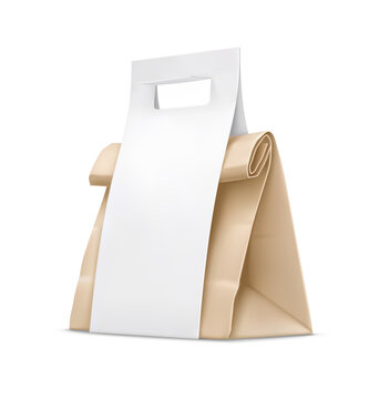 Kraft paper bag with handle for fast food delivery. Takeaway packaging to go. Isolated on white background. Realistic object. Vector illustration.