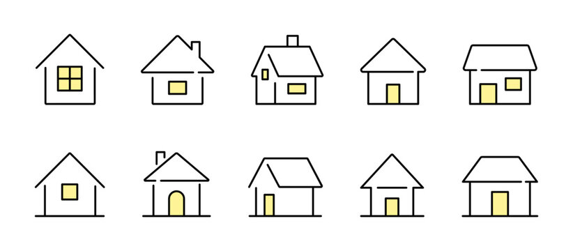 窓やドアがあるシンプルな家、ホーム、ハウスの線画ベクターラインアイコンセット