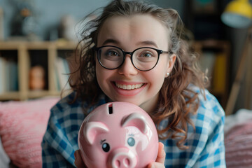 Girl Holding Piggy Bank. Generative AI - 788187435