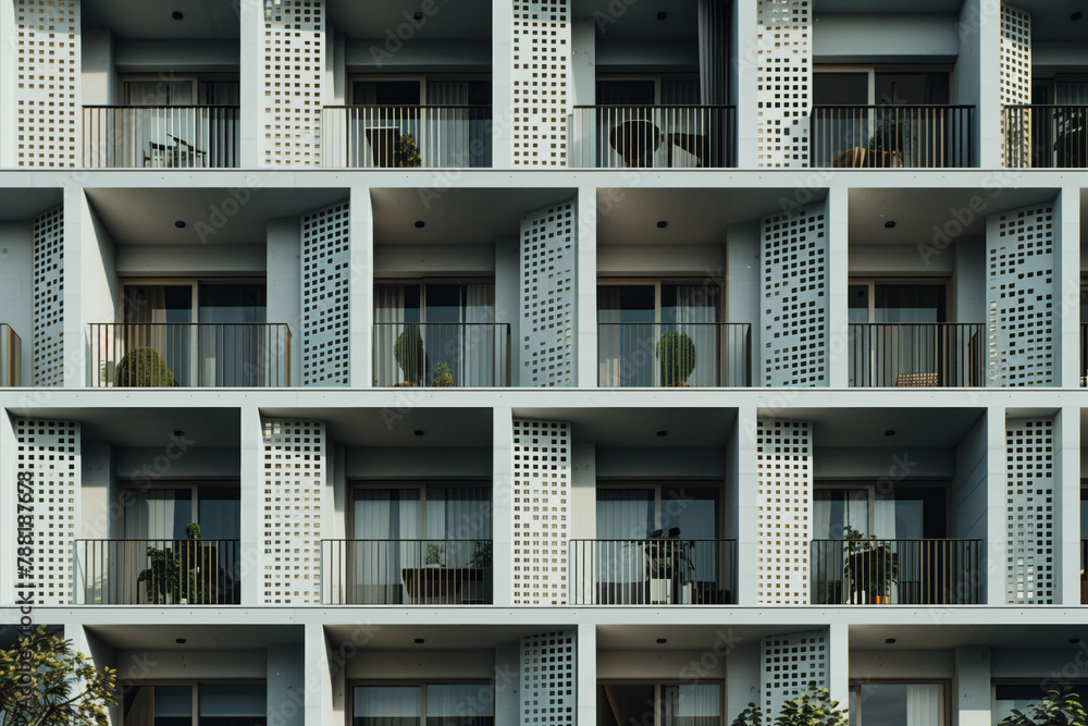 Poster facade of a modern residential building with balconies. background image. created with generative ai