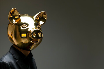 Man Wearing Gold Piggy Bank Mask and Black Suit. Generative AI - 788187693