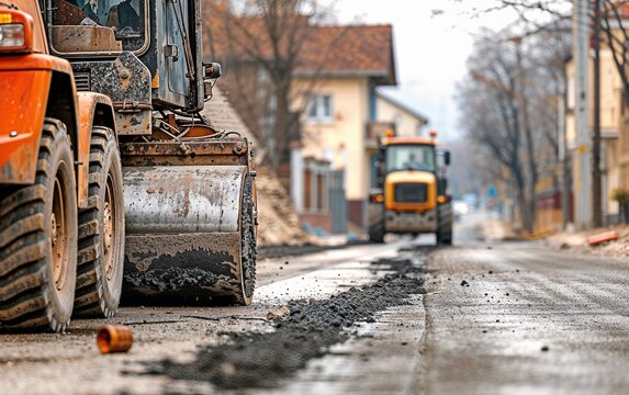 A road roller and other machinery are at work on a residential street, with scraped asphalt and houses lining the road, capturing the essence of urban development.