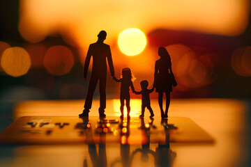 Family stands on a credit card on the background of the sunset. Generative AI