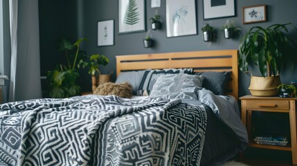 Patterned blanket on wooden bed in grey bedroom interior with plants and posters. 