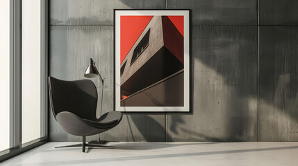 A single, sleek modern chair facing a poster of a stylized house, illustrating the concept of real estate contemplation