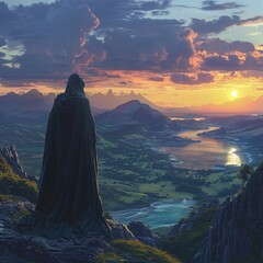 A mysterious cloaked figure gazes out over a tranquil landscape of rolling hills and crystalclear waters, bathed in the warm hues of a sunset , high detailed