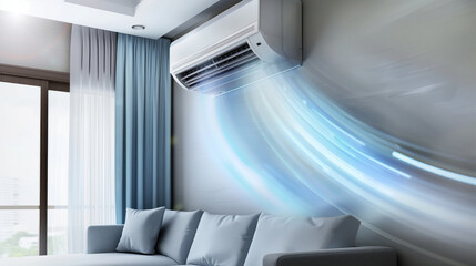 A living room with a white couch and a plant on a table. large air conditioner is blowing cool air into the room. Air conditioner in living room ensuring comfort at home in summer, providing cool air